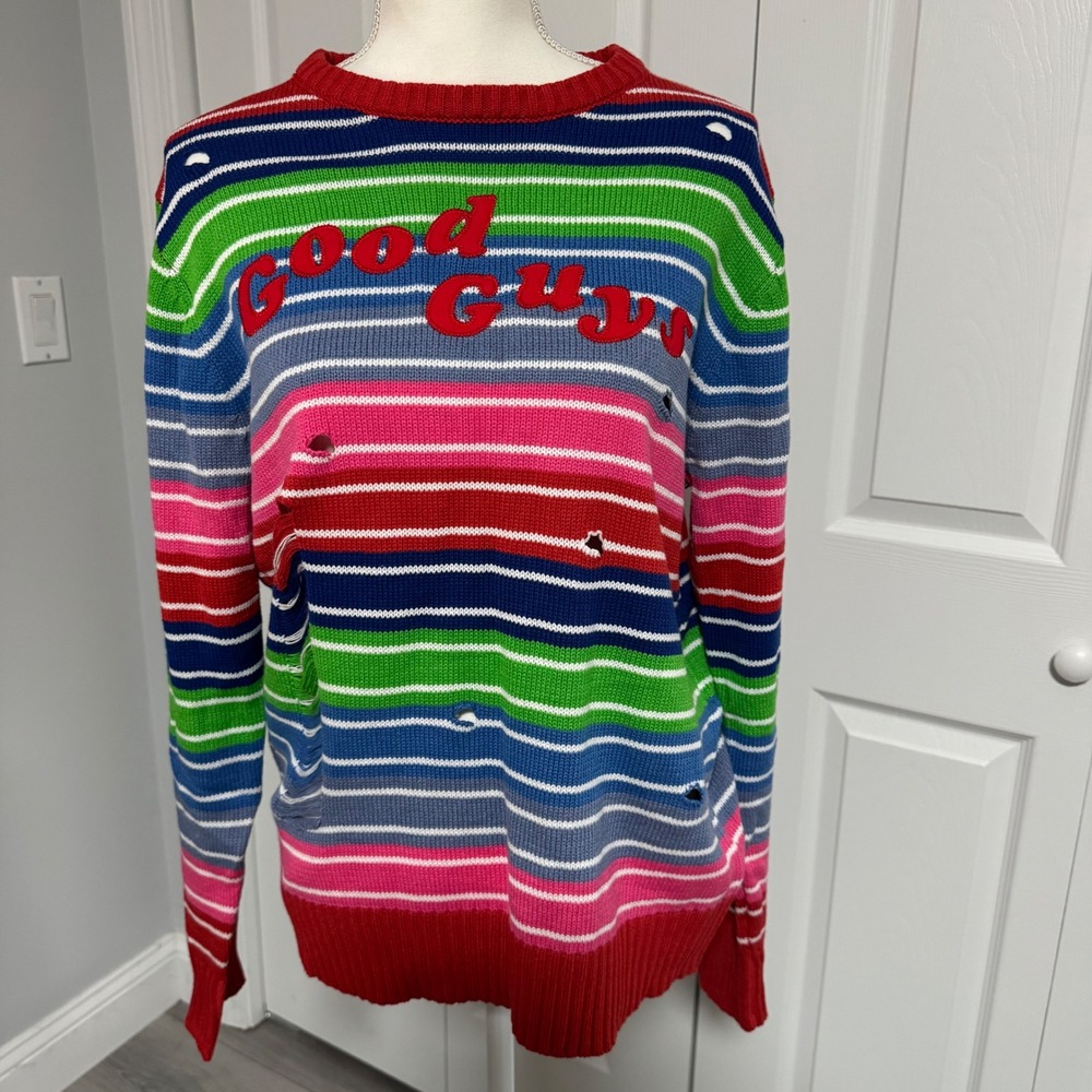 Chucky Good Guys Striped Distressed Sweater Medium Horror Child's Play Multi